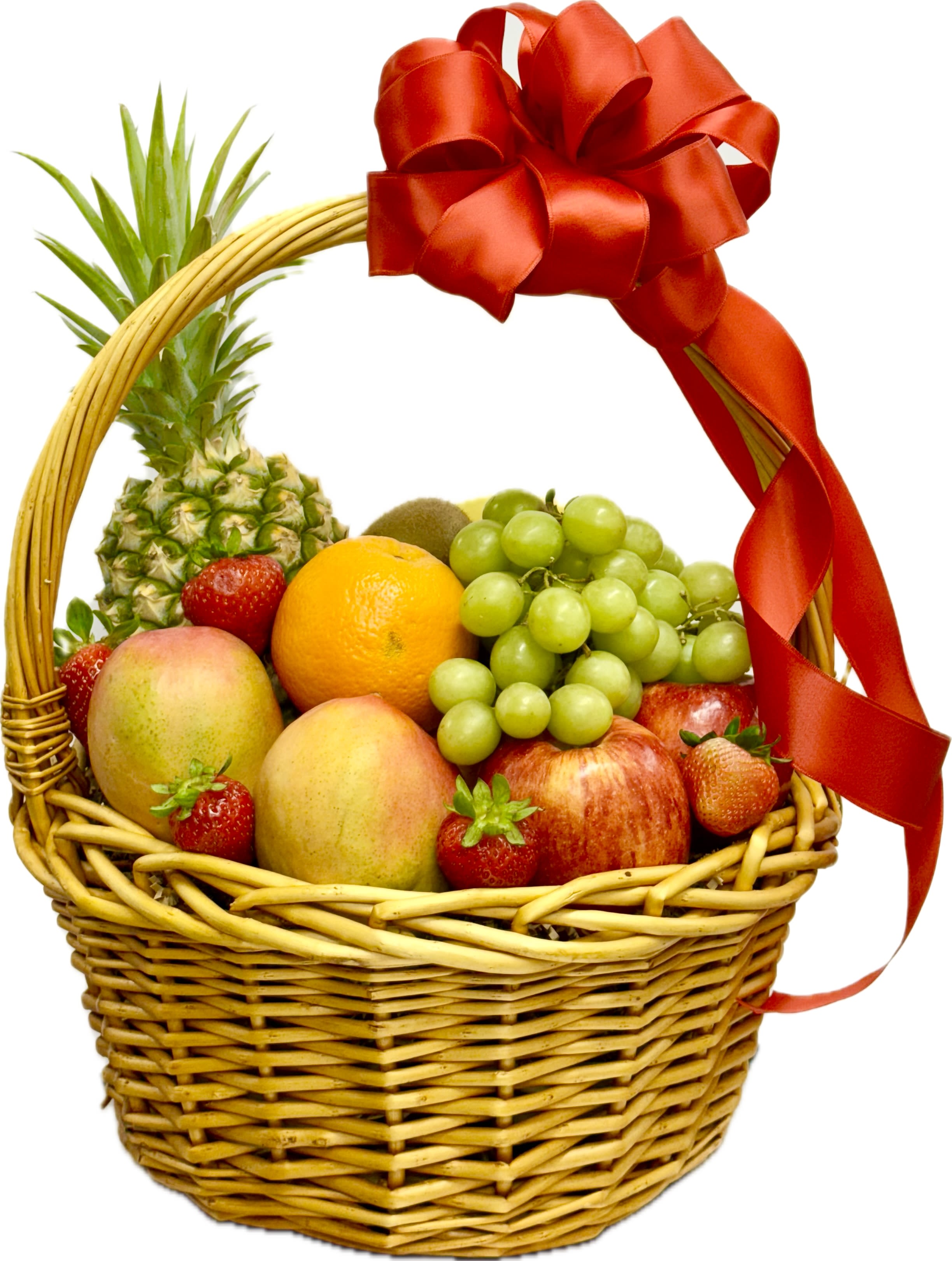Fruit basket with pineapple, grapes, apples, oranges, mangoes, and strawberries