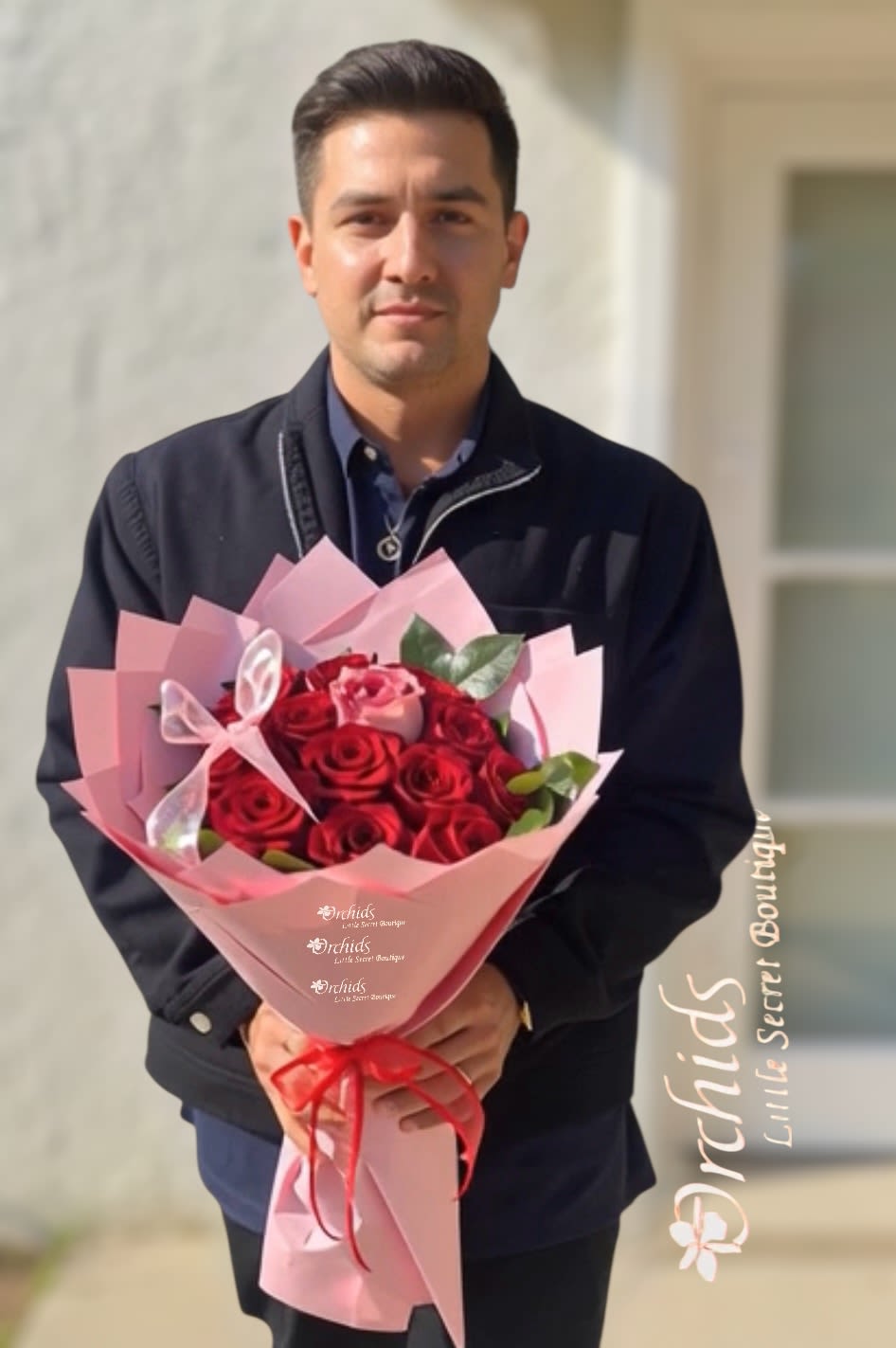 Man holding a bouquet of red roses wrapped in pink paper
