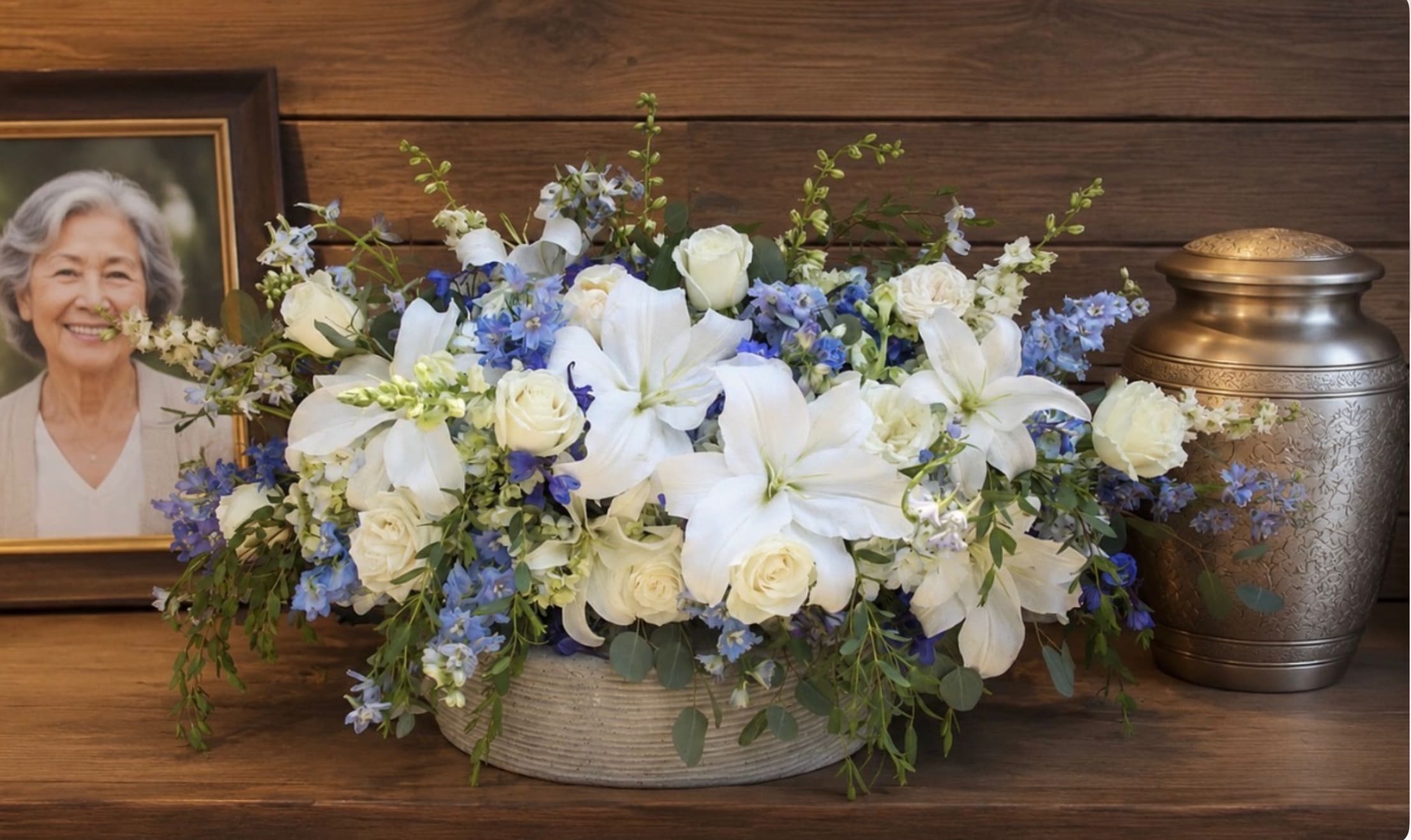 White lilies and roses in a low basket beside a memorial urn and framed portrait