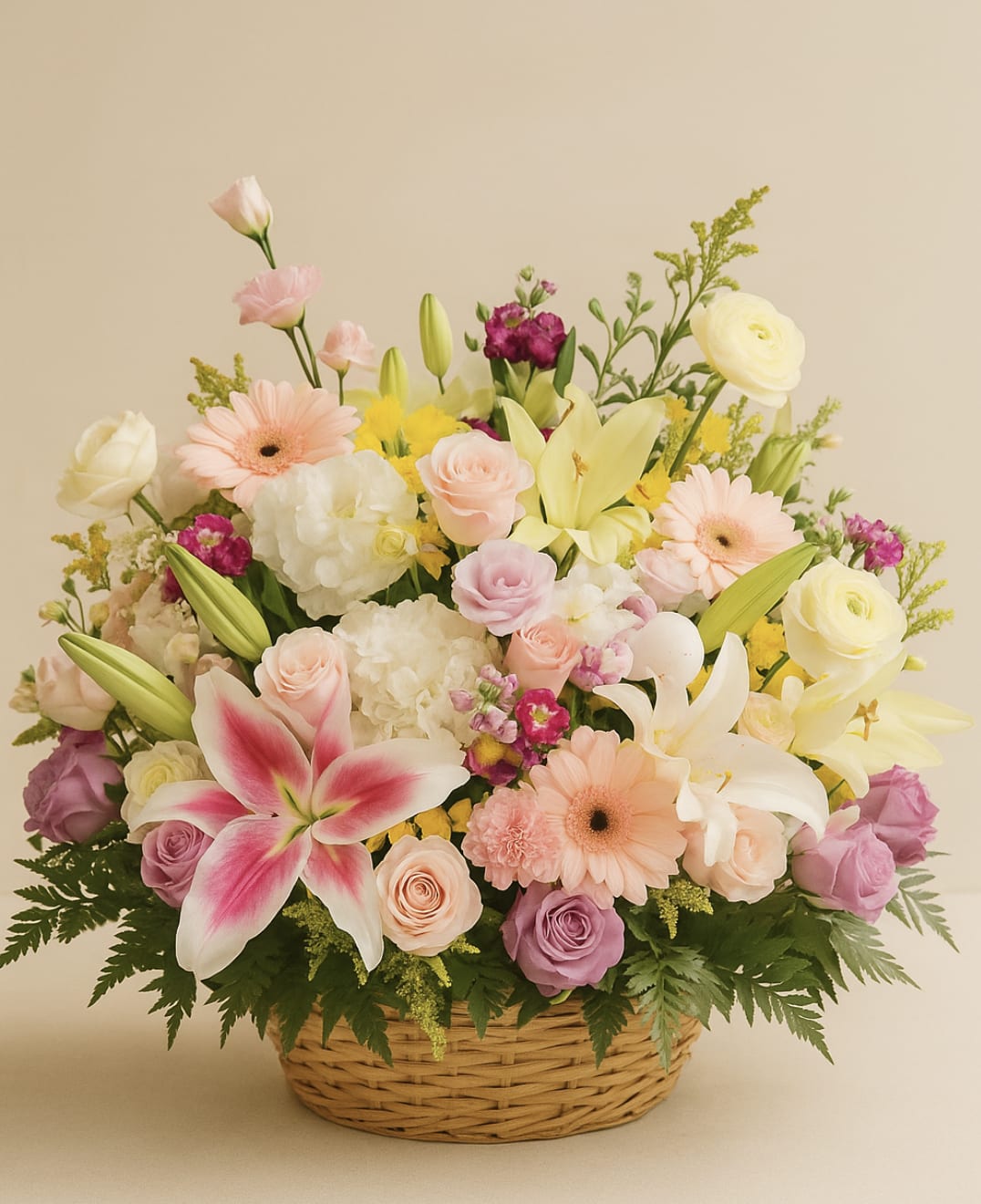 Mixed pastel flower arrangement in a wicker basket