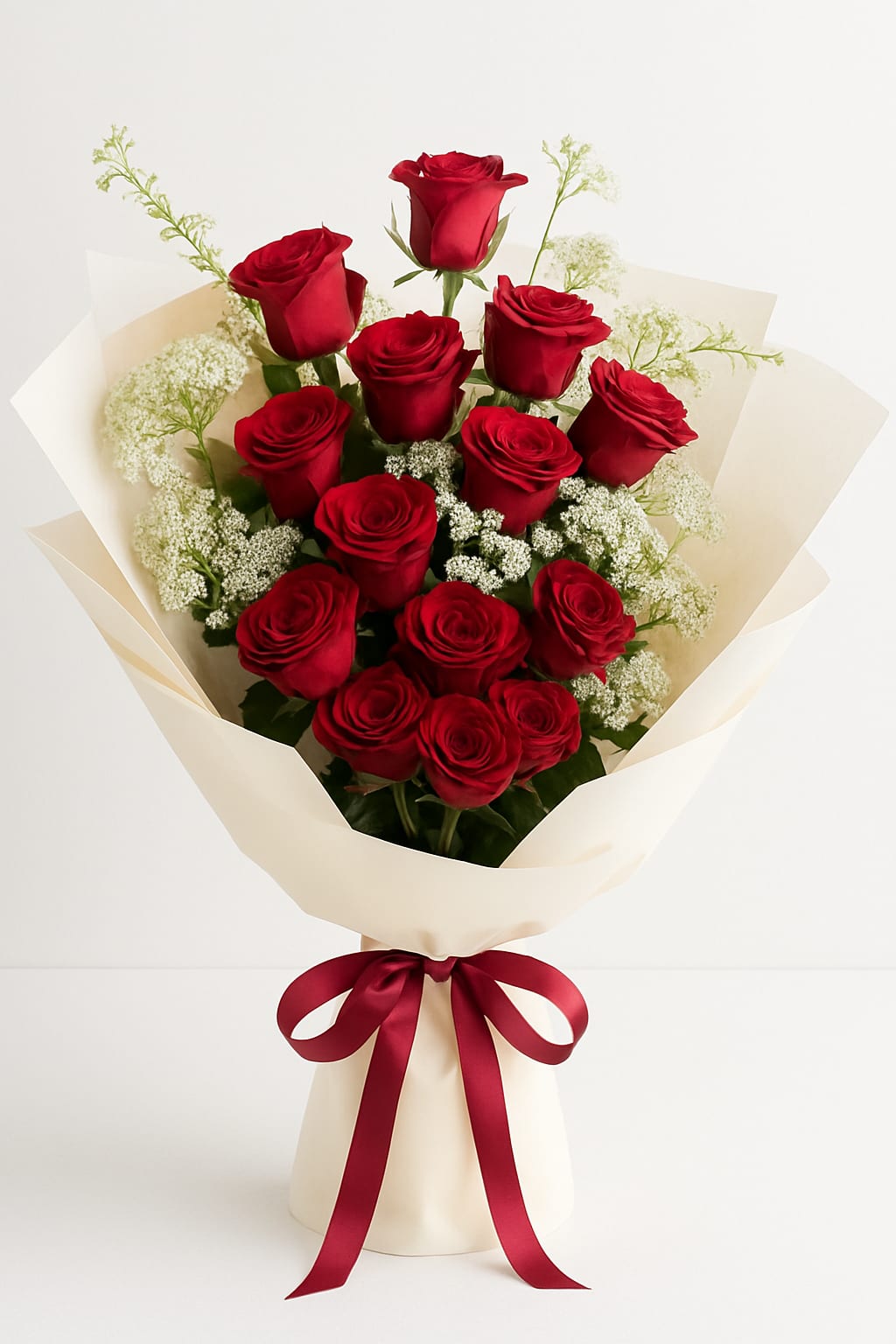 Bouquet of red roses wrapped in cream paper with a red ribbon