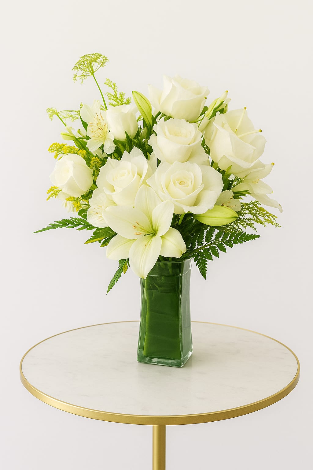 White roses and lilies arranged in a green glass vase