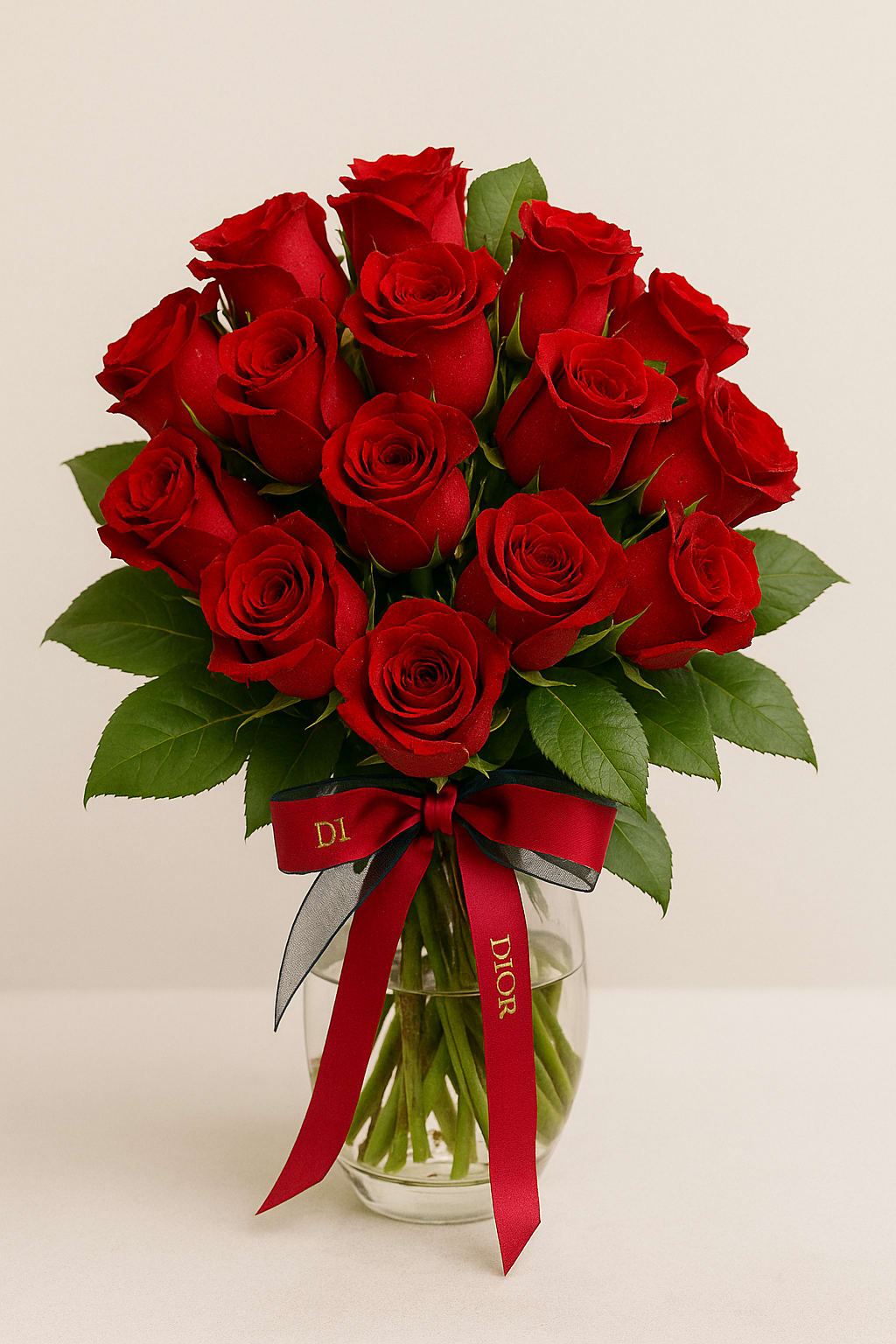 Bouquet of red roses in a clear glass vase with a red ribbon