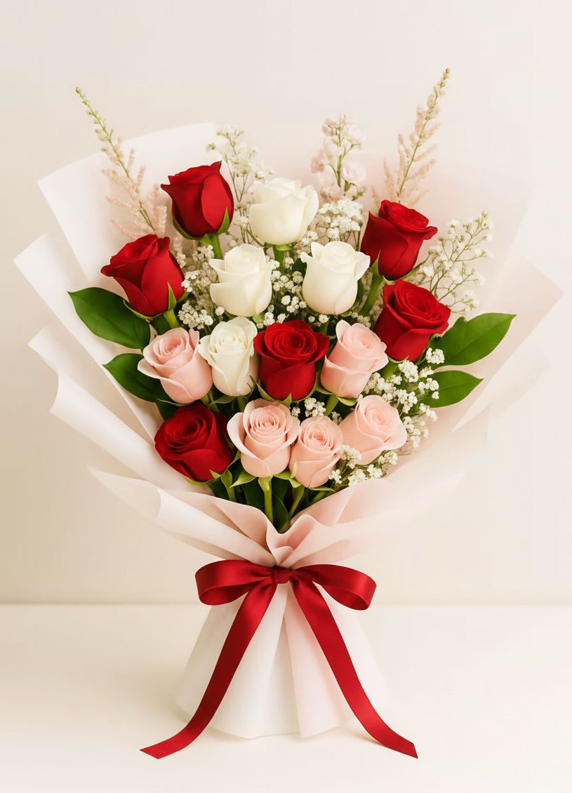 Bouquet of red, white, and pink roses wrapped in pale paper with a red ribbon