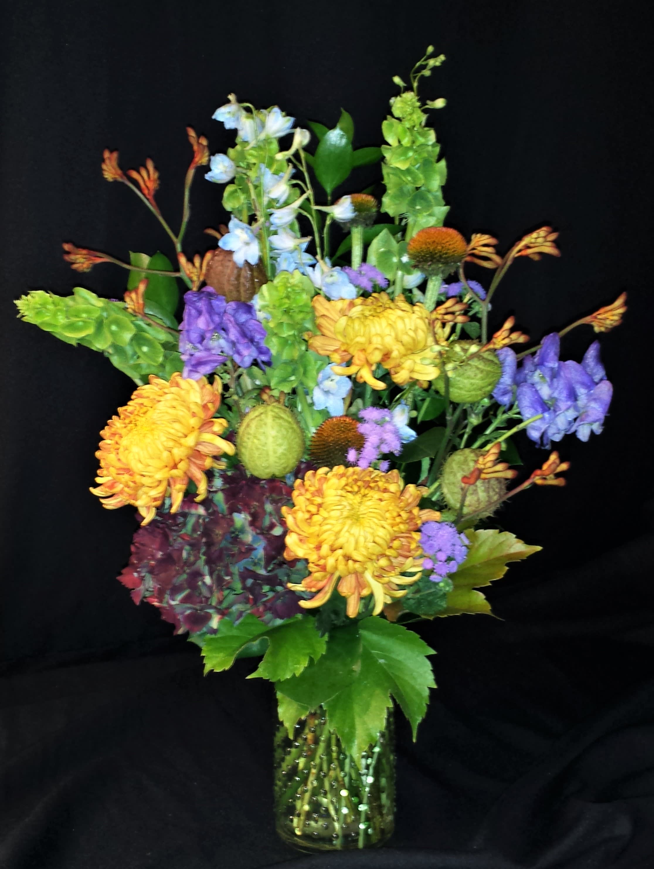 Autumn mix with antiqued hydrangea - Order well in advance for antiqued hydrangea. The colors vary greatly.  Soft fall colors and accents will vary each week.