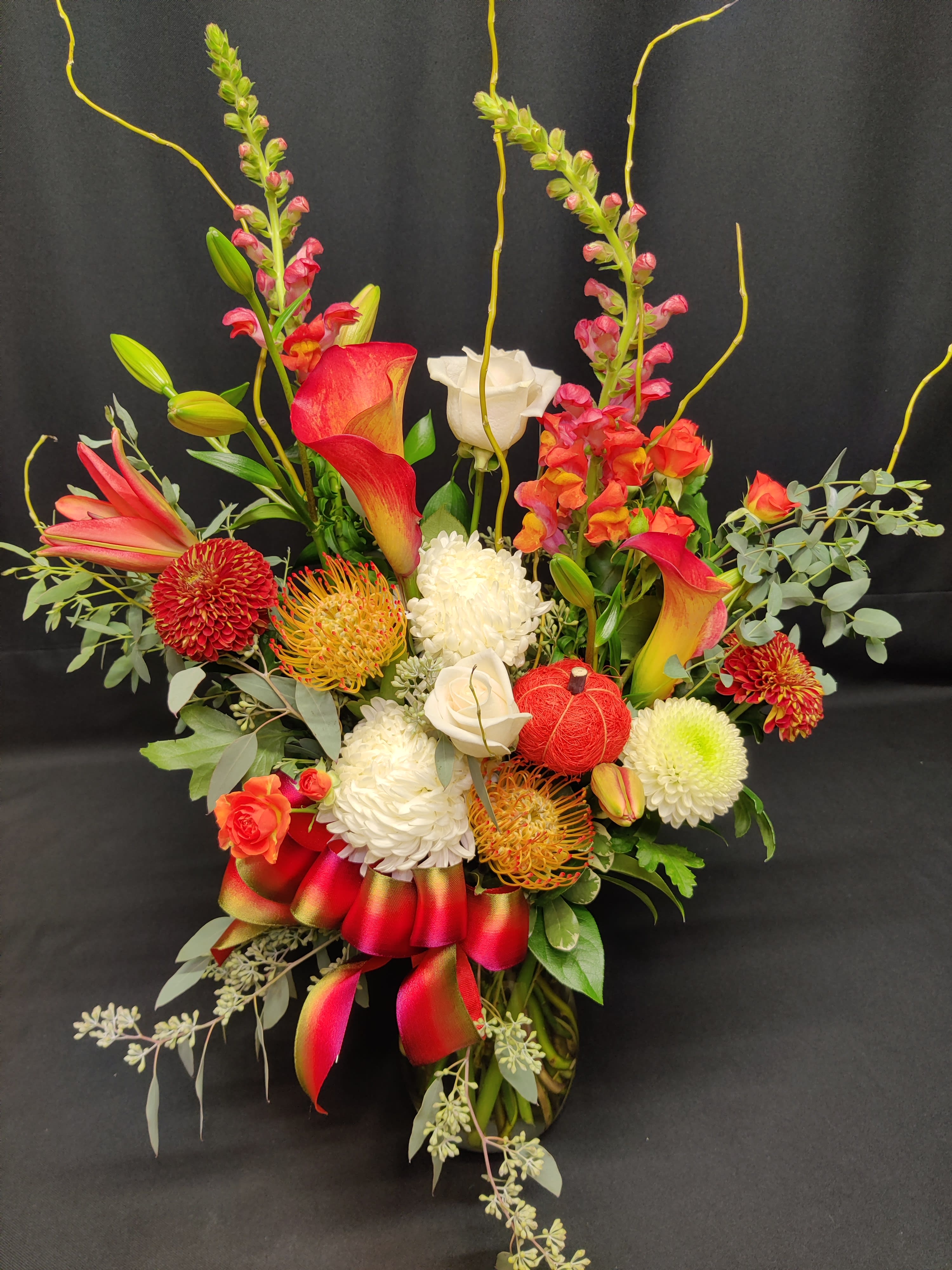 Elegant autumn orange premium bouquet - Lots of lovely orange and white fall flowers.  Flowers, greenery and accents may vary. We make all of our pieces unique. 