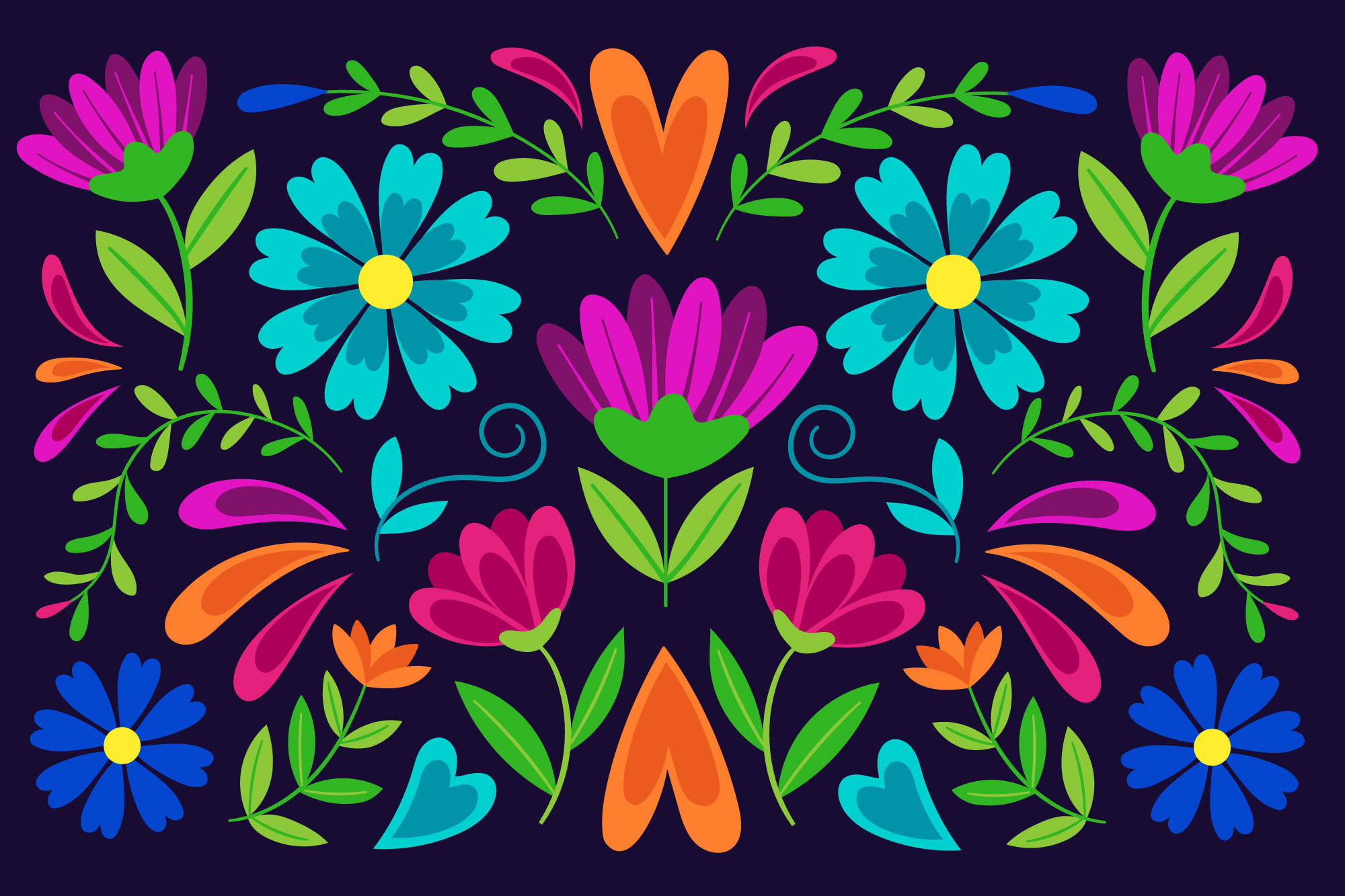 Colorful floral folk-art pattern on a dark background