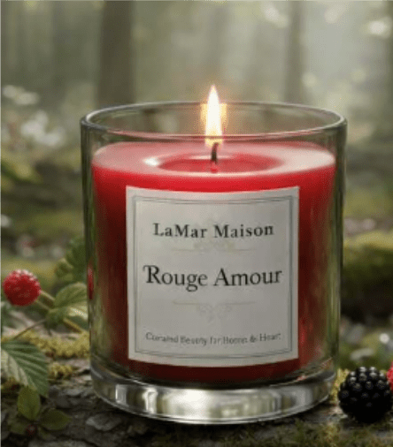 Rouge Amour - Rouge Amour presents a smoky red candle that reads like a quiet love letter-perfect as a romantic gift or a cozy housewarming pick. This candel is ideal choice for anniversary moments, Valentine's Day, or any time you want the person you're thinking of to feel cherished and remembered.  Hand-poured in a dark, smoky glass jar (also shown in a clear glass option), this candle is blended from 100% soy wax and fine essential oils for a clean, even burn. The scent opens with crimson rose and dark berries, settling into warm amber notes that linger without overpowering a room. Styled against moss and woodland accents, the fragrance feels both rustic and sophisticated-green and earthy undertones balance the red heart of the scent.  Made for everyday gifting or seasonal displays, Rouge Amour brings an intimate, atmospheric glow to bedside tables, mantels, or entry consoles. Order knowing it's crafted to burn evenly and scent a space gently; it's the kind of gift that makes someone feel truly seen and softly remembered.