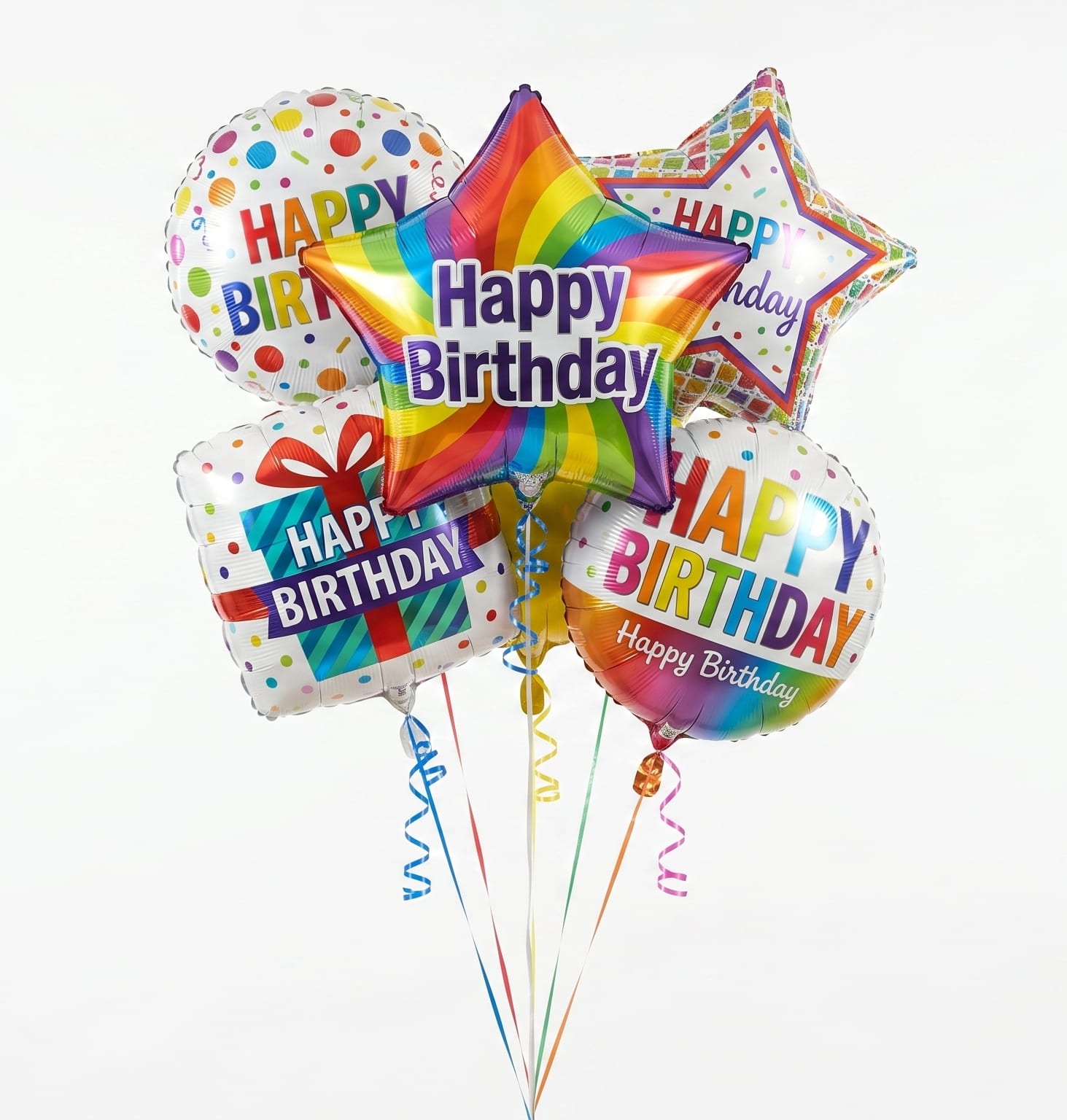 Happy Birthday Balloon Bouquet - Everyone loves getting balloons. No matter their age having festive balloons in the house makes them feel loved and remembered. This colorful bouquet of 6 mylar balloons will bring a smile to anyone's face!  *Balloons styles may be slightly different than pictured.*