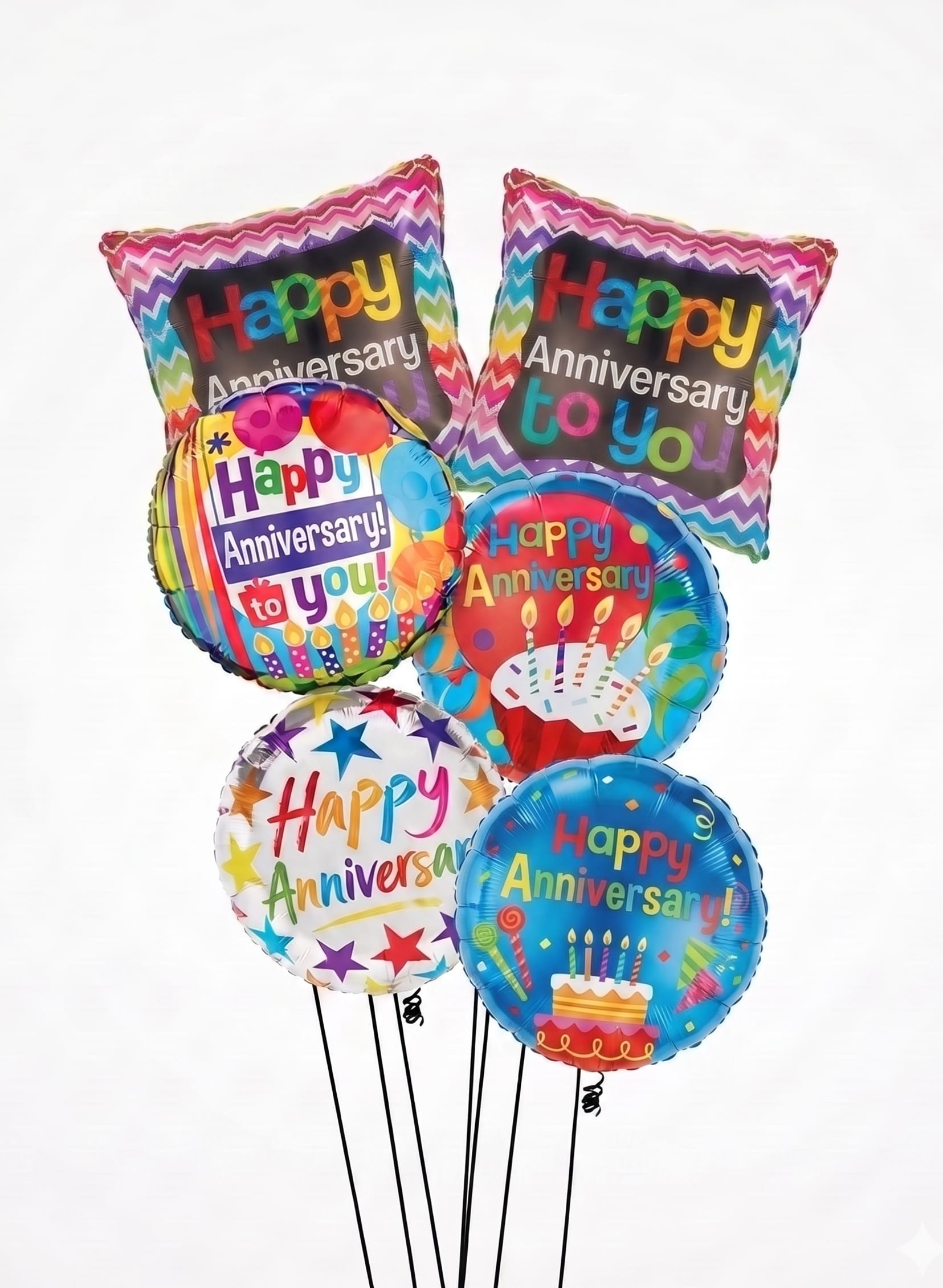 Happy Anniversary Balloon Bouquet - Celebrate love and lasting memories with our vibrant Happy Anniversary Balloon Bouquet. This stunning arrangement of 6 helium-filled celebratory balloons is the perfect way to add a festive flair to any anniversary celebration.  ***Please note that balloon designs will vary from photo.