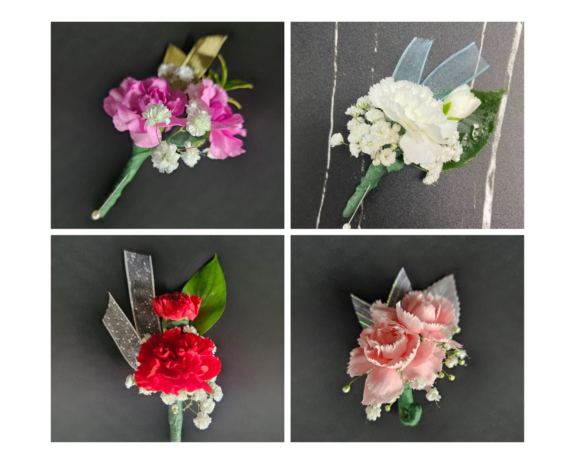 Northmont Prom Mini Carnation Boutonniere - A classic mini carnation boutonniere that compliments any suit. A beautiful addition to any prom or homecoming event. Available Colors: White, Red, Light Pink, or Hot Pink. Please select the flower color you would like and up to 2 ribbon colors from the add-on selections to be included.