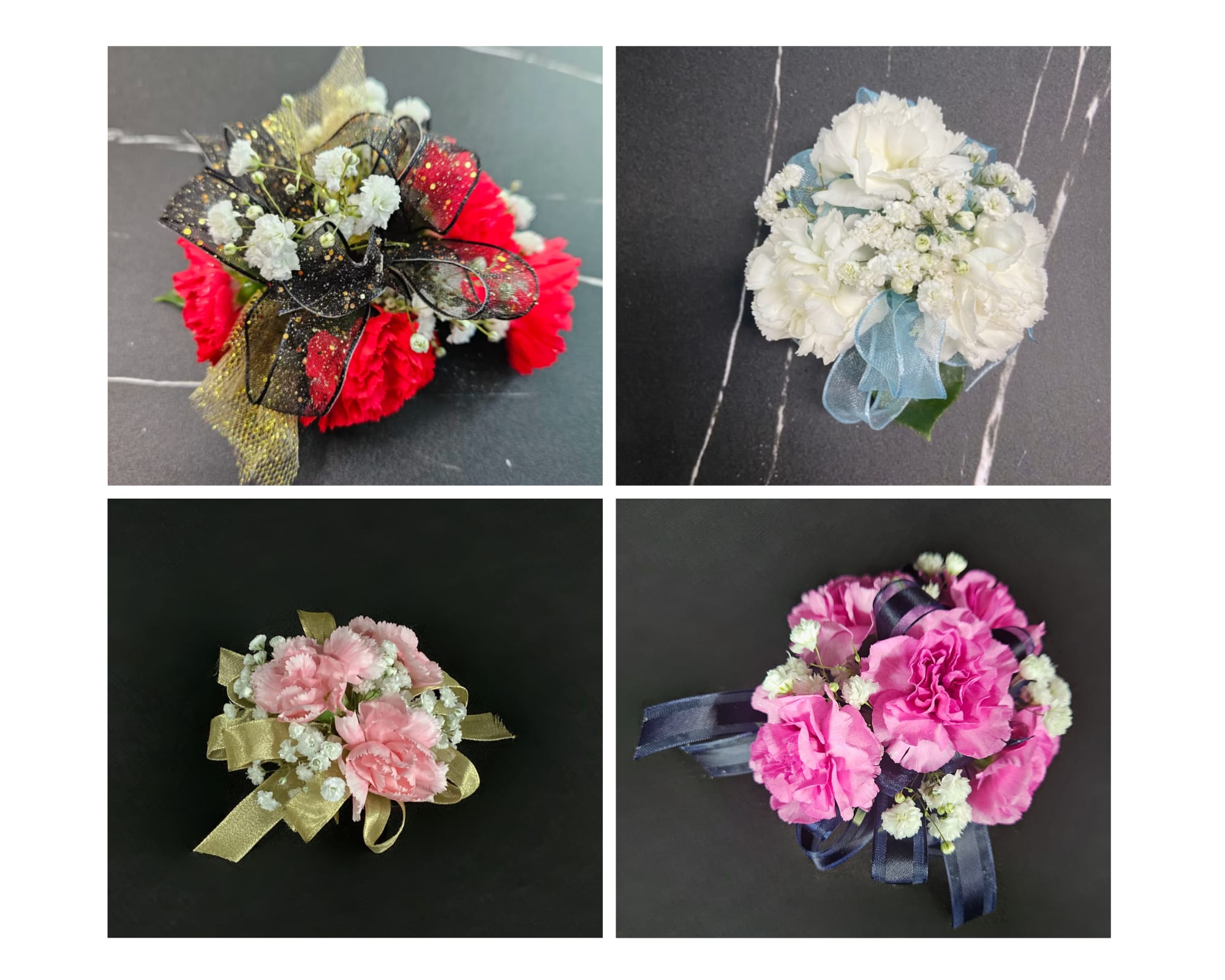 Northmont Mini Carnation Corsages - A beautiful mini carnation corsage that will compliment any outfit. Please select the flower color you would like (red, white, hot pink, light pink), wristlet color and up to 2 ribbon colors from the add-on selections to be included.
