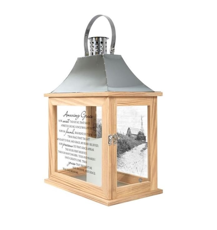 Wood and metal memorial lantern with Amazing Grace text on glass panel