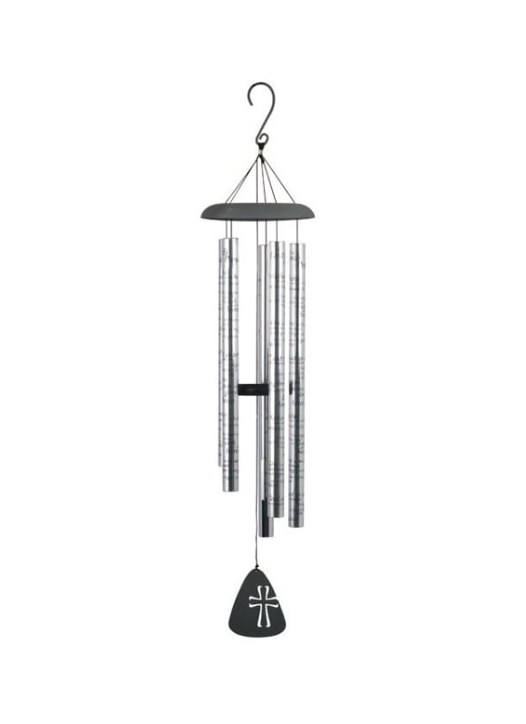 Silver metal wind chime with black top and cross motif sail on white background