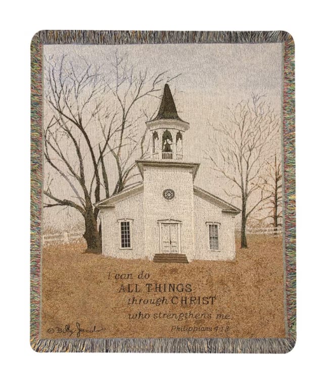 Religious woven throw blanket with a white church and Bible verse in muted neutral tones