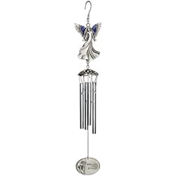 Small Angel Whispers From Heaven Sail - This 17 " pewter chime features a beautiful angel with blue accents over top of 5/8" diameter solid rods and a sail with small calla lilies and words "Whispers from Heaven". The back side can be engraved. (Engraving not available) 