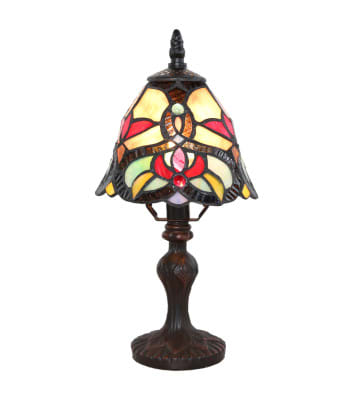 Stained glass table lamp with a dark carved base