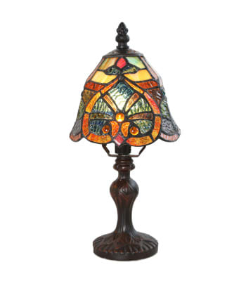Stained-glass table lamp with a dark carved base