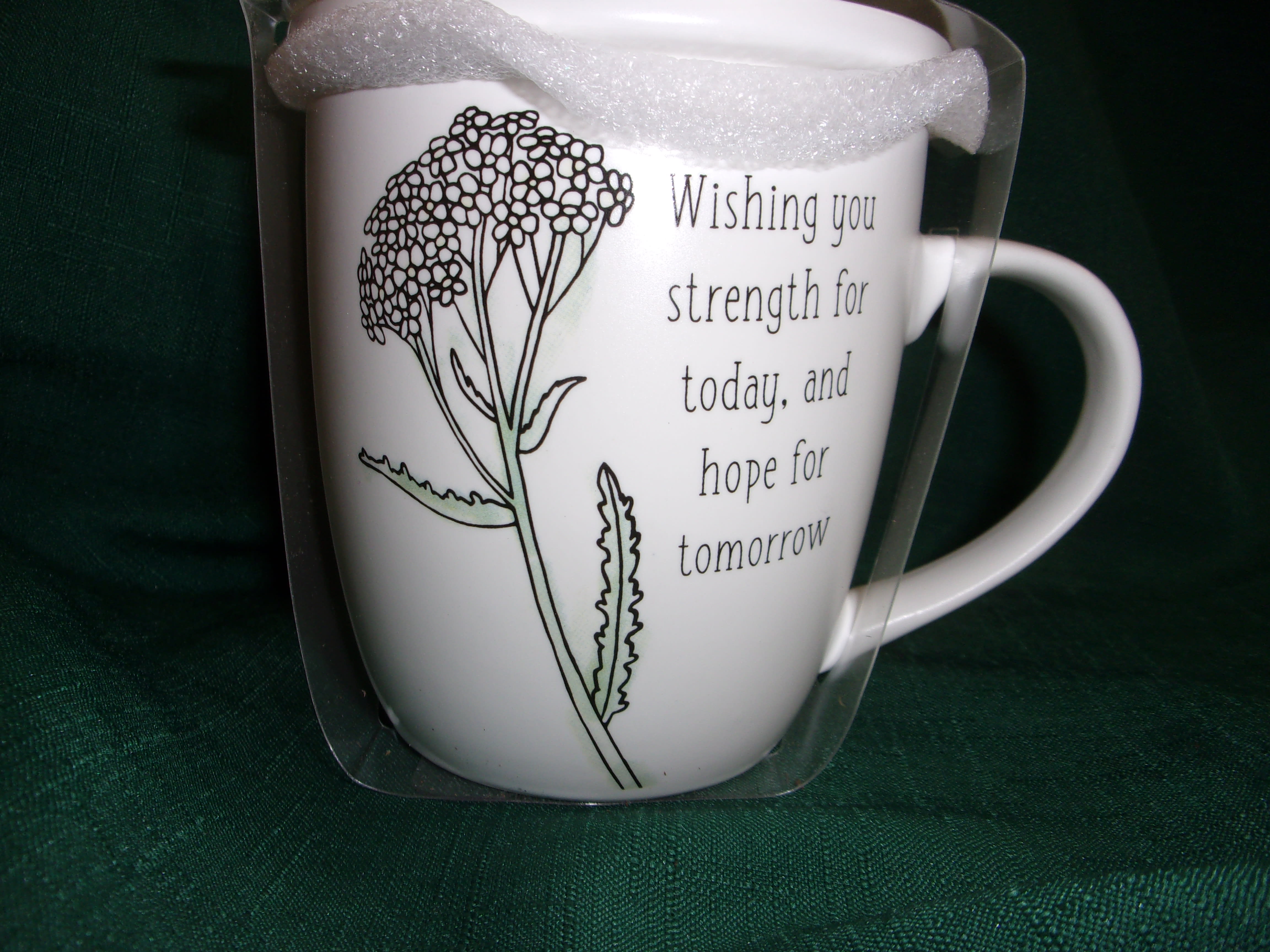 White mug with a floral line drawing and printed message in a clear gift wrap