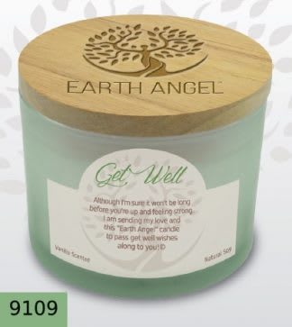 Mint-green candle jar with a wooden lid and Get Well label