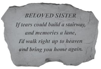 Memorial plaque reading "Beloved Sister" with a sympathy verse