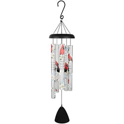 Hanging wind chime with metal tubes and red bird accents