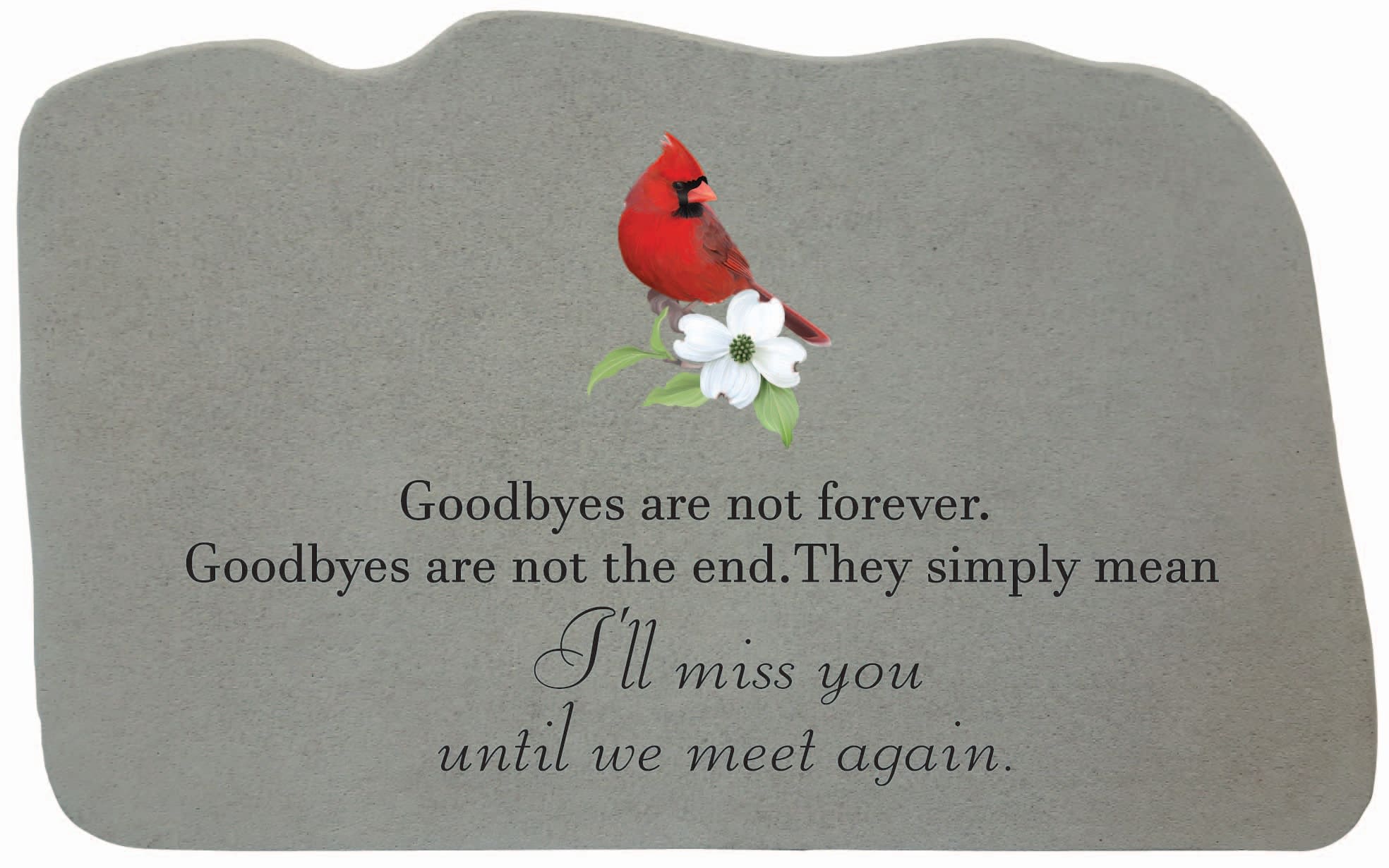 Gray memorial plaque with a red cardinal and white flower graphic