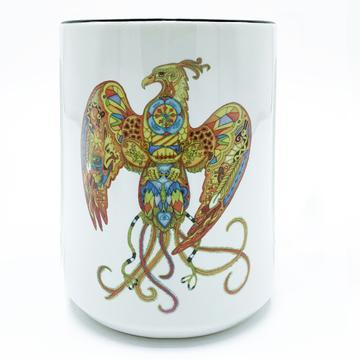 White ceramic mug with a colorful bird illustration