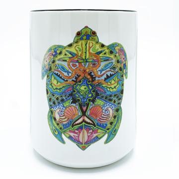 White candle jar with a colorful turtle design