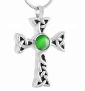 Celtic Cross with Green Stone Stainless Streel Cremation Urn Keepsake Pendant - Simple, yet elegant. High-quality stainless-steel celtic cross cremation urn pendant. Threaded at top, holds a very small amount. Supplied with a 22″ Stainless Steel chain .