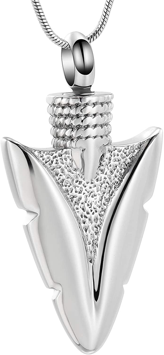 Silver arrowhead pendant necklace on a white background