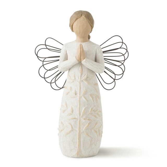 Decorative angel figurine with folded hands and wire wings