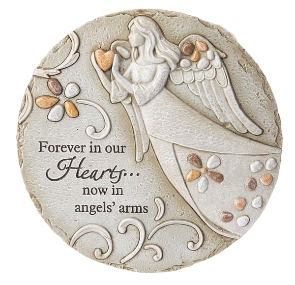 Round memorial plaque with an angel and the words "Forever in our Hearts"