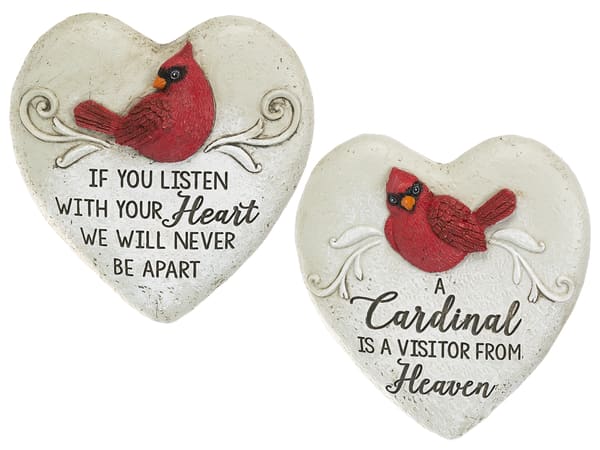 Two heart-shaped memorial plaques with red cardinals and text.