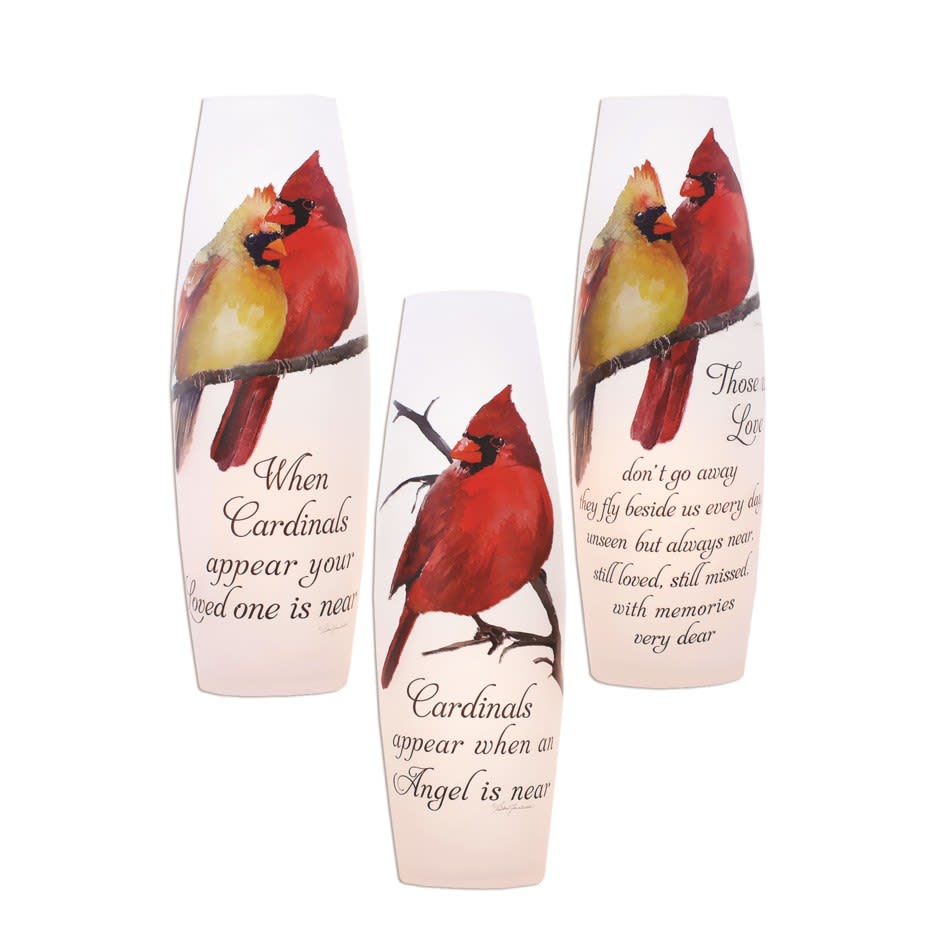 Three memorial vases with cardinal illustrations and sympathy text