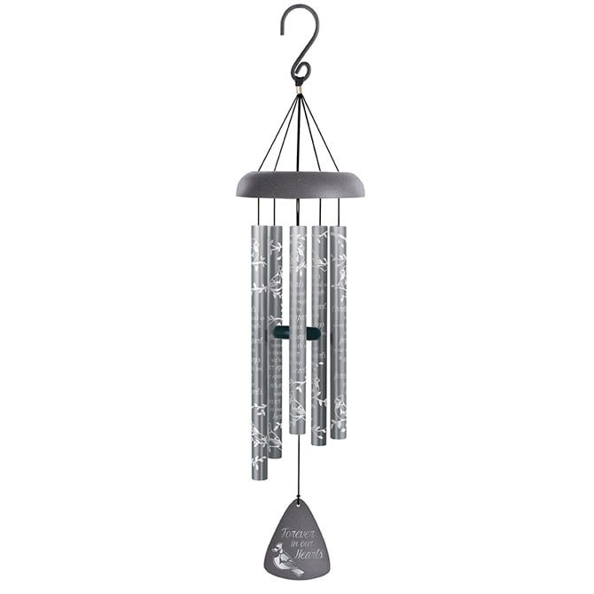 30" Forever In Our Hearts Silhouette Chime with Cardinal - Our Silhouette Sonnets are made of all aluminum construction and strung with an industrial cord. 5 heavy-walled tubes that emit gentle tones. Adjustable striker. Chime Tubes Read, "Cardinals remind us even though we're far apart, your spirit is always with us, forever in our hearts." 30" Length  6.5" Diameter