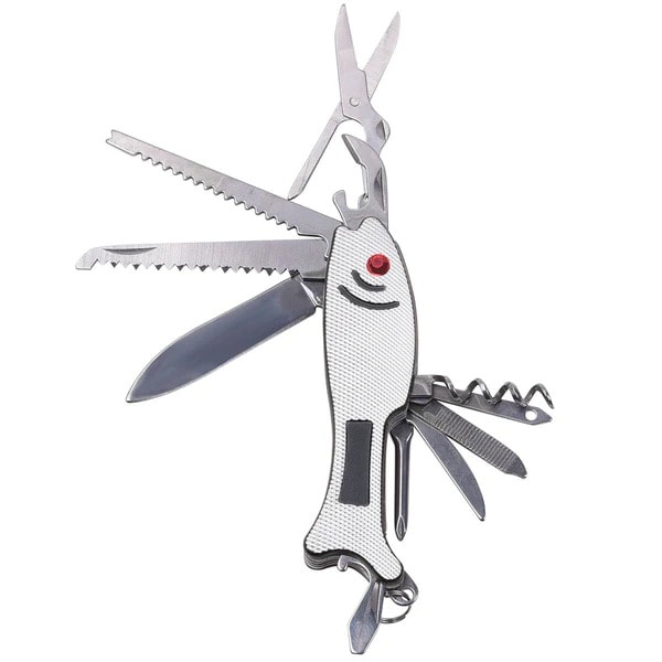 Multi-tool pocket knife with several blades and tools extended