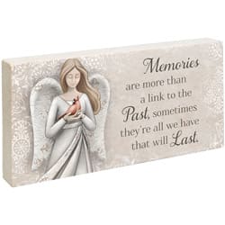 Decorative sympathy plaque with an angel holding a cardinal and memorial text