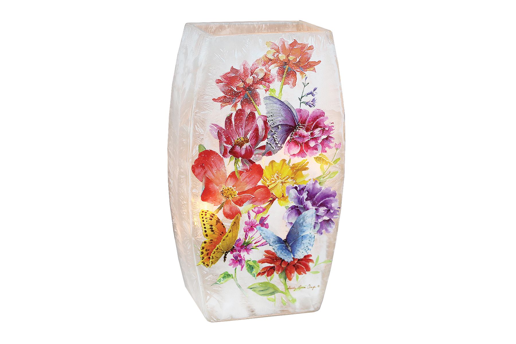 Decorative white vase with colorful floral and butterfly print