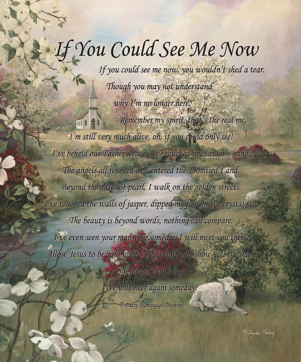 Memorial print with a poem over a pastoral scene of flowers, a church, and a lamb