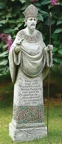 Stone Saint Patrick garden statue holding a staff