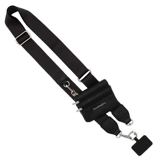 Black crossbody strap with a small zip pouch and metal clips