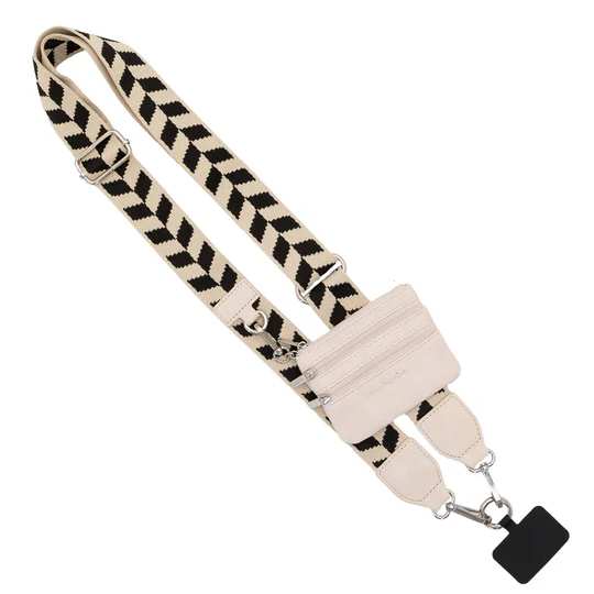 Patterned adjustable bag strap with a small zip pouch