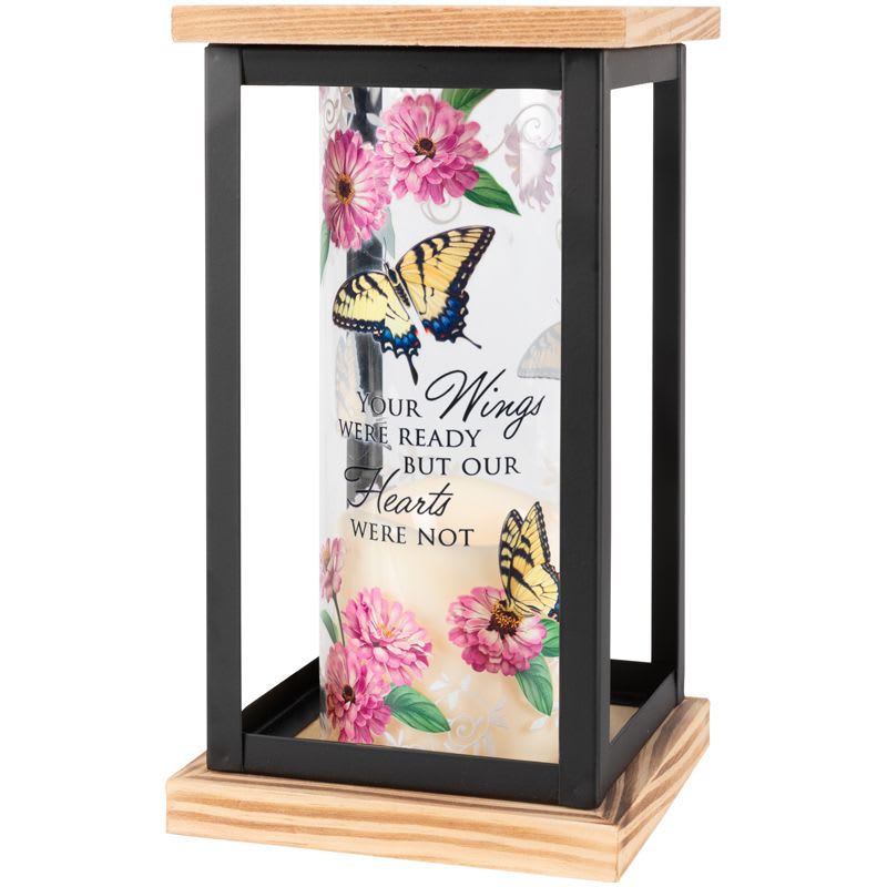 Decorative memorial lantern with pink flowers and butterflies