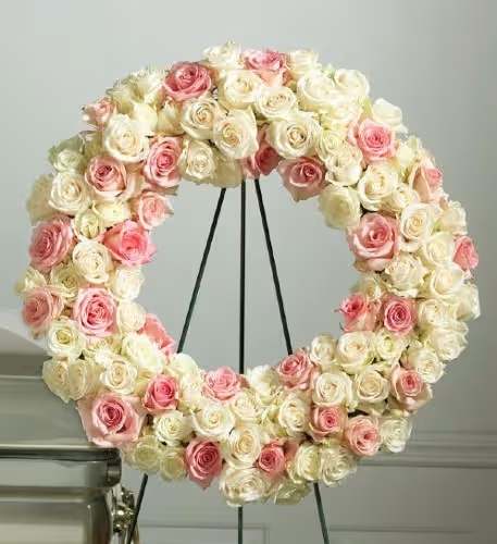 Circular wreath of pink and white roses on a black stand