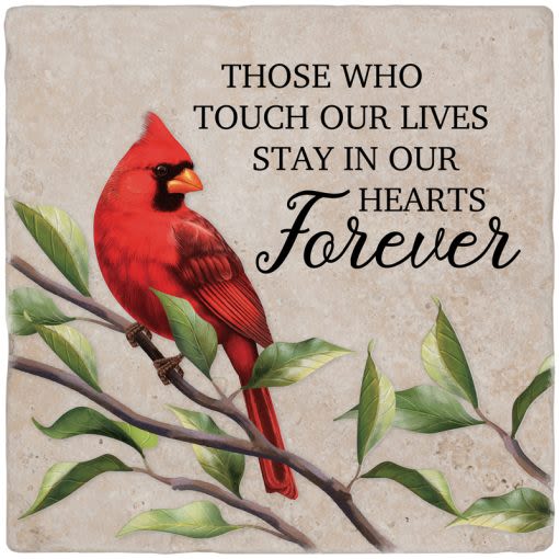 Cardinal Those Who Touch Our Lives Stay In Our Hearts Forever Travertine Paver Stone - Our travertine pavers are made of weather friendly natural stone. While we take great care in checking our stones for quality issues, some may include imperfections. W: 8" H: 8" D: 1" Travertine is natural occurring Limestone. Reads "Those who touch our lives stay in our hearts forever."