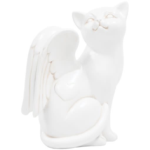 White ceramic cat figurine with closed eyes and wings