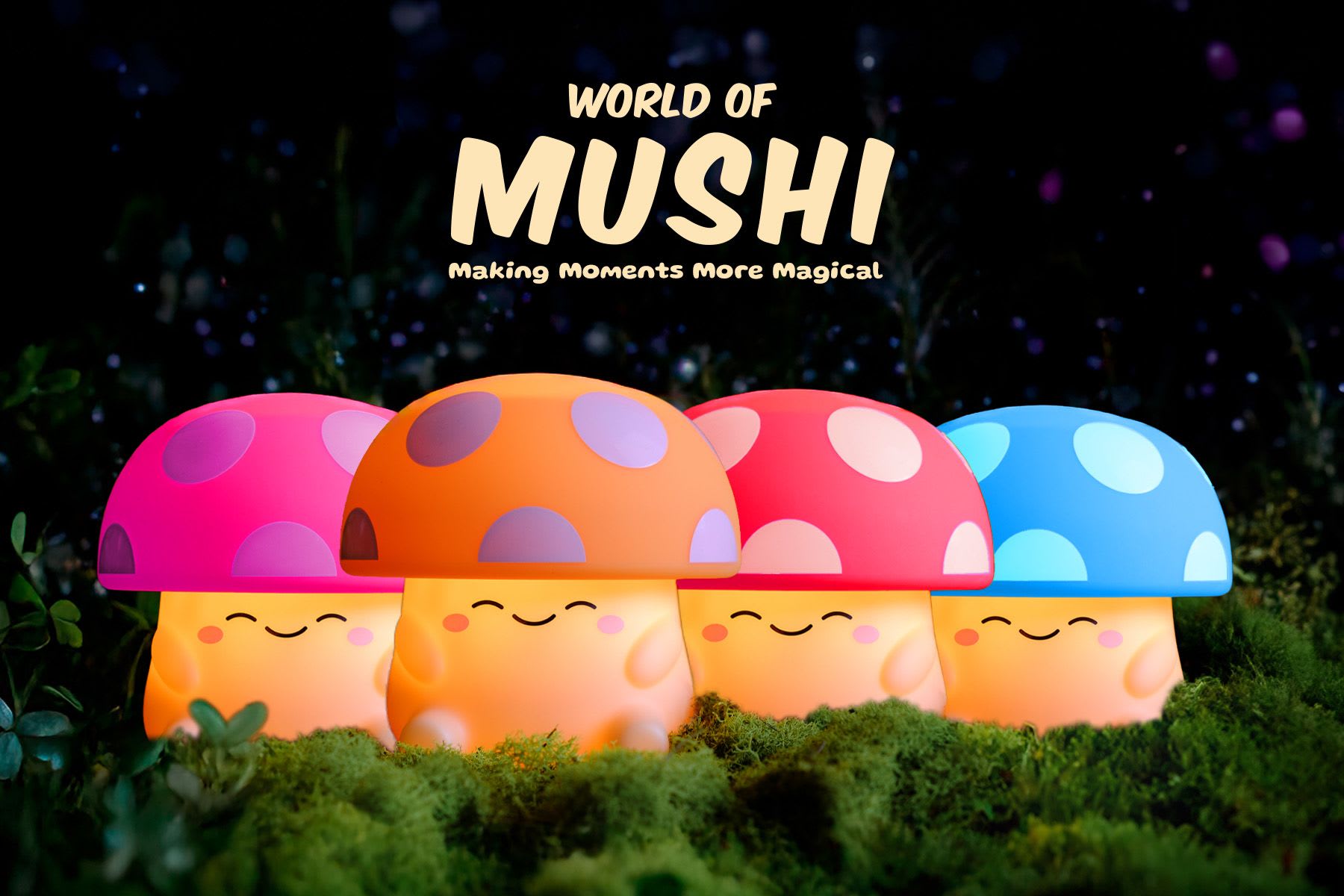 Four colorful mushroom-shaped lights with smiling faces