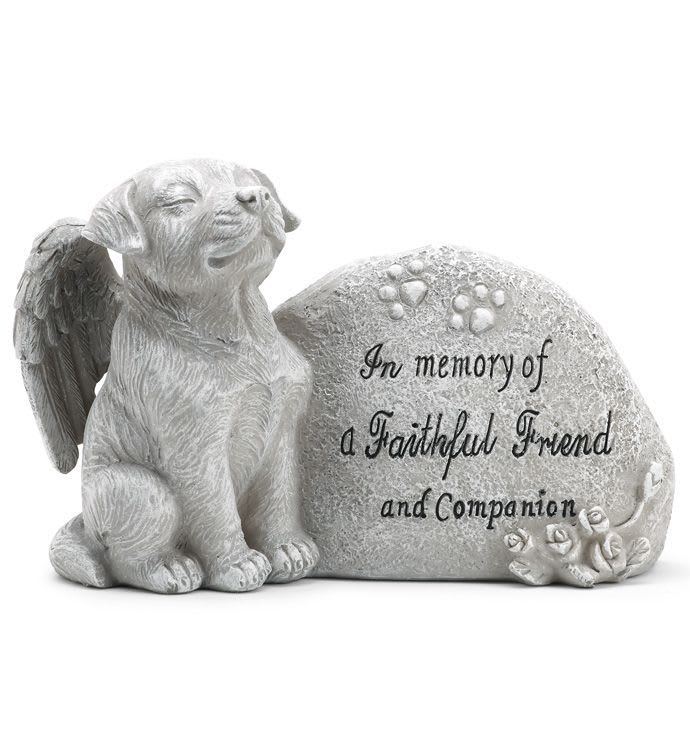 Dog Memorial Plaque - A serene stone-look memorial plaque featuring a seated angel dog and engraved remembrance stone offers a gentle way to honor a lost pet. This dog memorial plaque is designed for sympathy and pet loss remembrance, giving the person you're thinking of a tangible keepsake that conveys comfort and lasting love. The piece shows a peaceful, content dog with sculpted wings beside a textured engraved rock that reads "In memory of a Faithful Friend and Companion" in dark script, with pawprint details and small sculpted roses at the base. Finished in soft white/stone tones, the compact memorial is suitable for display on a shelf, mantel, or beside a favorite photo and pairs beautifully with sympathy flowers.  Keep this memorial indoors or in a sheltered outdoor spot where it will be seen and cherished; it makes a thoughtful accompaniment to any sympathy arrangement or a stand-alone tribute.