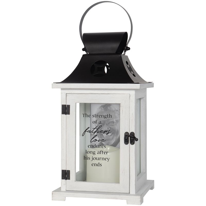Father's Love LED picture frame candle Lanern - Flameless LED Candle Lanterns are made from quality wood with metal top. Built in 4×6 picture frame. Built in automatic timer, 6 hrs ON/18 hrs OFF. Indoor use only. Lantern reads: "The strength of a father’s love endures long after his journey ends"